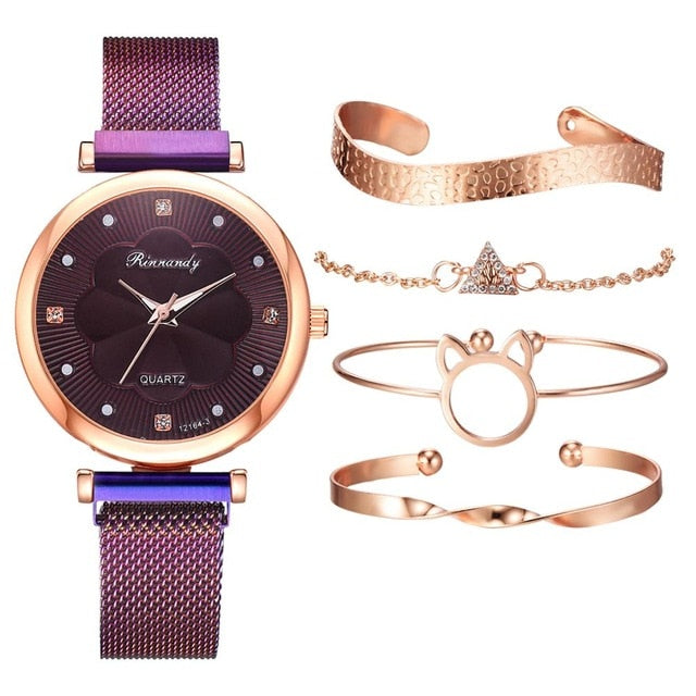 Pacote Fashion Luxo Pulseiras + Relógios Wons Store 5 pcs Roxo 